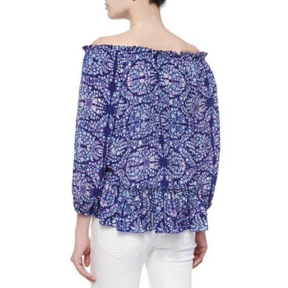 Rebecca Taylor Indigo Combo Floral Paisley-Print Silk Off the Shoulder Blouse 2 - Picture 2 of 11